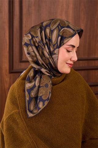 Twill İpek Eşarp Lacivert Yeşil Vizon Papatya Desenli Tok Duruşlu 90X90