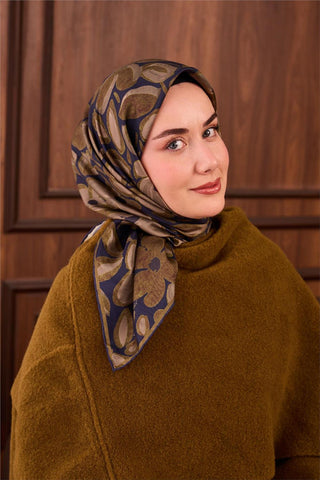 Twill İpek Eşarp Lacivert Yeşil Vizon Papatya Desenli Tok Duruşlu 90X90