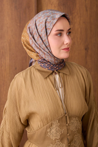 Twill İpek Eşarp Mihenk Yeşil Kahve - Twill İpek Eşarp - | Silk Home