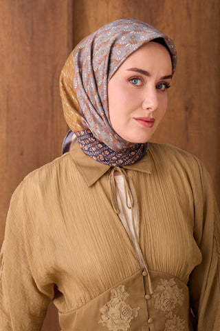 Twill İpek Eşarp Mihenk Yeşil Kahve - Twill İpek Eşarp - | Silk Home