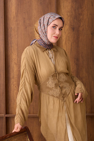 Twill İpek Eşarp Mihenk Yeşil Kahve - Twill İpek Eşarp - | Silk Home