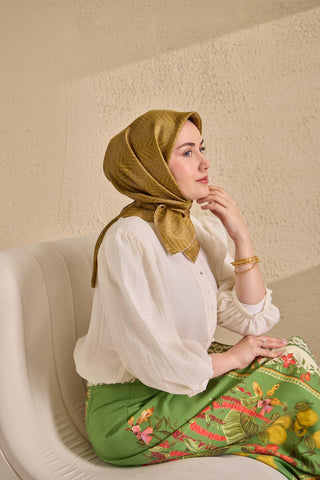 Twill İpek Eşarp Minimal Desen Yağ Yeşili 90x90