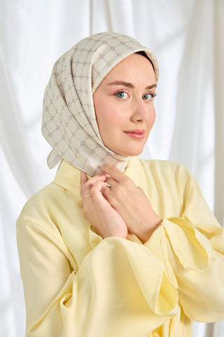 Twill İpek Eşarp Monogram Krem - Twill İpek Eşarp - | Silk Home