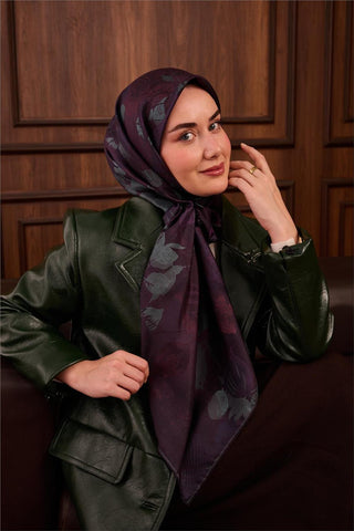 Twill İpek Eşarp Mor-Çağla Yeşili Çiçek Desenli Kaymaz Tok Duruşlu 90X90