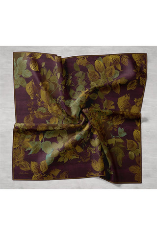 Twill İpek Eşarp Koyu Mor-Yeşil Çiçek Desenli Tok Duruşlu Kaymaz 90X90
