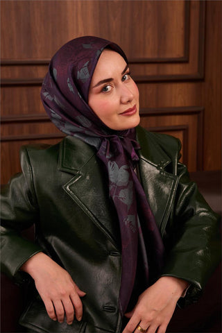 Twill İpek Eşarp Mor-Çağla Yeşili Çiçek Desenli Kaymaz Tok Duruşlu 90X90