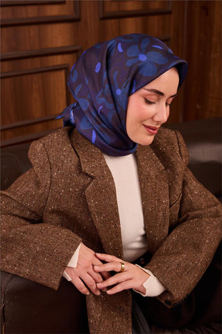 Twill İpek Eşarp Mor Saks Acı Kahve Papatya Desenli Tok Duruşlu 90X90