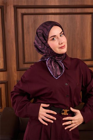 Twill İpek Eşarp Mürdüm Eflatun Geometrik Desenli Tok Duruşlu 90X90