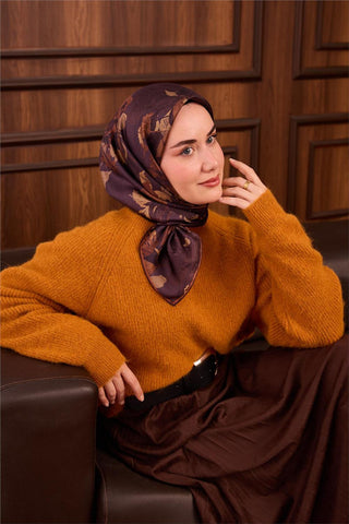 Twill İpek Eşarp Patlıcan Moru Çiçek Desenli Tok Duruşlu 90X90