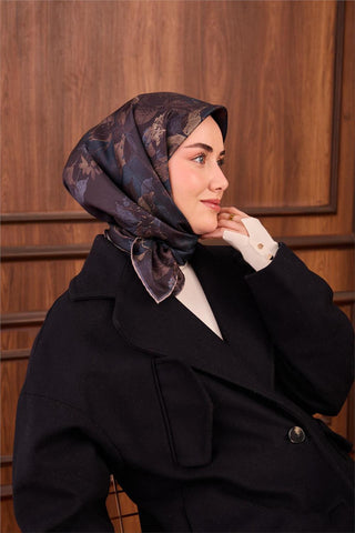 Twill İpek Eşarp Petrol Mavi-Yeşil Çiçek Desenli Tok Duruşlu Kaymaz 90X90