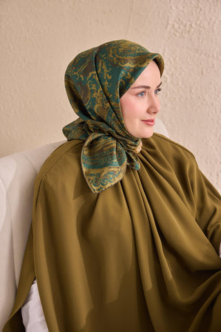 Twill Silk Scarf, Navy Blue, Green Tones, Patterned, Firm Structure, 90x90 cm.