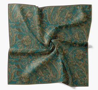 Twill Silk Scarf, Navy Blue, Green Tones, Patterned, Firm Structure, 90x90 cm.