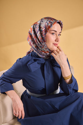 Twill İpek Eşarp Royale Şal Desen Turuncu 90x90 - Twill İpek Eşarp - | Silk Home