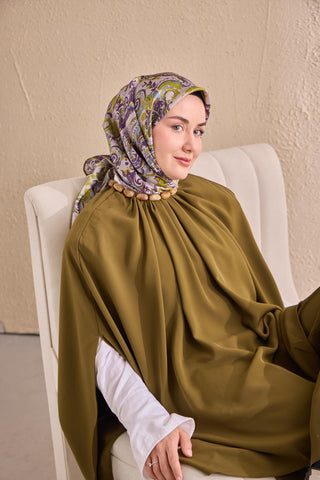 Twill İpek Eşarp Royale Şal Desen Yağ Yeşili 90x90