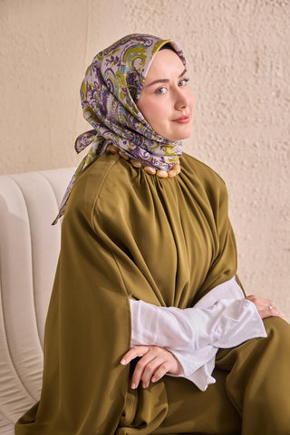 Twill İpek Eşarp Royale Şal Desen Yağ Yeşili 90x90