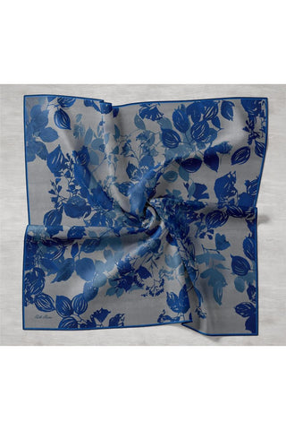 Twill İpek Eşarp Saks Gri Gece Mavi Çiçek Desenli Tok Duruşlu 90X90