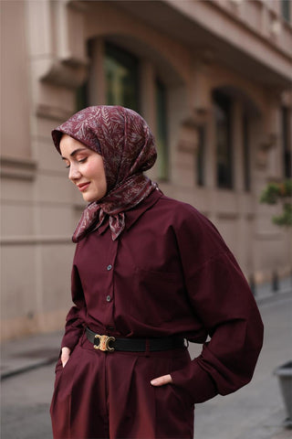 Twill İpek Eşarp Şarabi-Pastel Mor Çiçek Desenli Tok Duruşlu Kaymaz 90X90