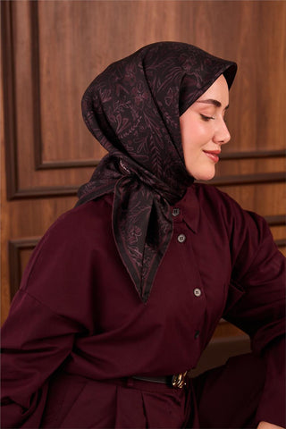 Twill İpek Eşarp Siyah Bordo Çiçek Desenli Tok Duruşlu 90X90