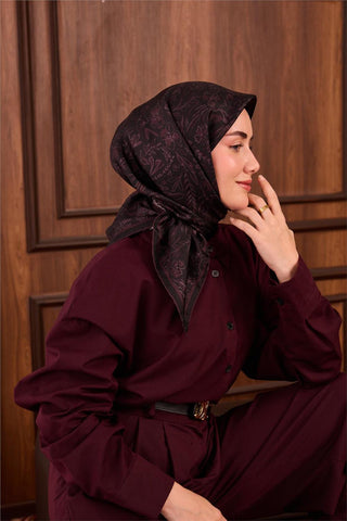 Twill İpek Eşarp Siyah Bordo Çiçek Desenli Tok Duruşlu 90X90
