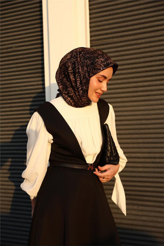 Twill İpek Eşarp Siyah Vizon Çiçek Desenli Tok Duruşlu 90X90