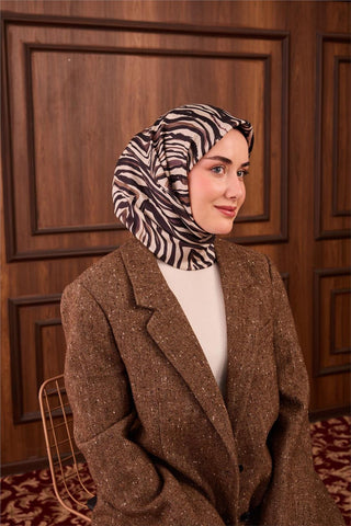 Twill İpek Eşarp Taş Vizon Geometrik Desenli Tok Duruşlu 90X90
