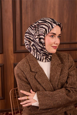 Twill İpek Eşarp Taş Vizon Geometrik Desenli Tok Duruşlu 90X90