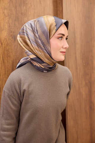 Twill İpek Eşarp Terra Waves Antrasit - Twill İpek Eşarp - | Silk Home
