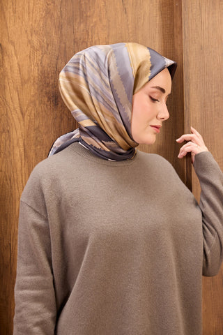 Twill İpek Eşarp Terra Waves Antrasit - Twill İpek Eşarp - | Silk Home