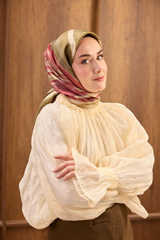 Twill İpek Eşarp Terra Waves Haki - Twill İpek Eşarp - | Silk Home