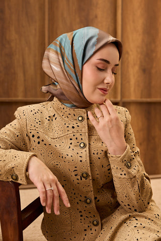 Twill İpek Eşarp Terra Waves Kahverengi - Twill İpek Eşarp - | Silk Home