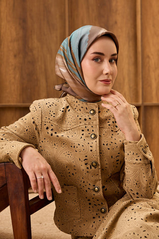 Twill İpek Eşarp Terra Waves Kahverengi - Twill İpek Eşarp - | Silk Home