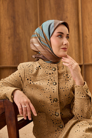 Twill İpek Eşarp Terra Waves Kahverengi - Twill İpek Eşarp - | Silk Home