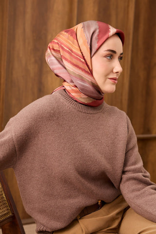 Twill İpek Eşarp Terra Waves Kırmızı - Twill İpek Eşarp - | Silk Home