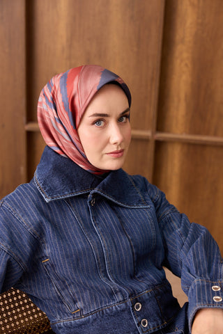 Twill İpek Eşarp Terra Waves Kırmızı - Twill İpek Eşarp - | Silk Home