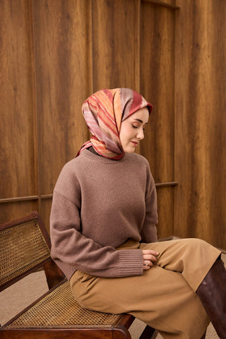 Twill İpek Eşarp Terra Waves Kırmızı - Twill İpek Eşarp - | Silk Home