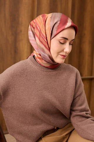 Twill İpek Eşarp Terra Waves Kırmızı - Twill İpek Eşarp - | Silk Home