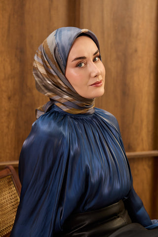 Twill İpek Eşarp Terra Waves Koyu Mavi - Twill İpek Eşarp - | Silk Home