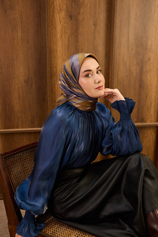 Twill İpek Eşarp Terra Waves Koyu Mavi - Twill İpek Eşarp - | Silk Home