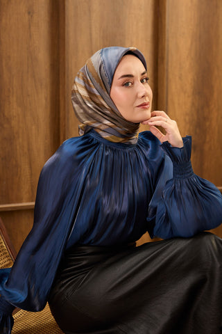 Twill İpek Eşarp Terra Waves Koyu Mavi - Twill İpek Eşarp - | Silk Home