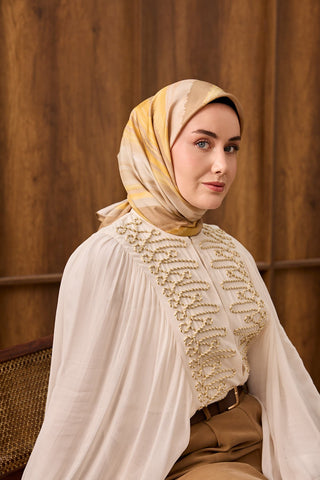 Twill İpek Eşarp Terra Waves Sarı - Twill İpek Eşarp - | Silk Home