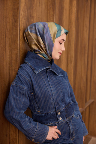 Twill İpek Eşarp Terra Waves Turkuaz - Twill İpek Eşarp - | Silk Home
