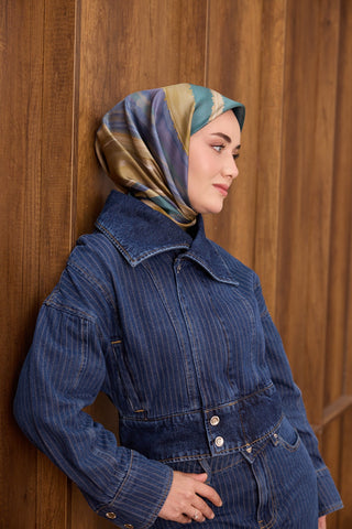Twill İpek Eşarp Terra Waves Turkuaz - Twill İpek Eşarp - | Silk Home