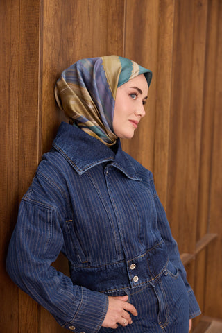 Twill İpek Eşarp Terra Waves Turkuaz - Twill İpek Eşarp - | Silk Home