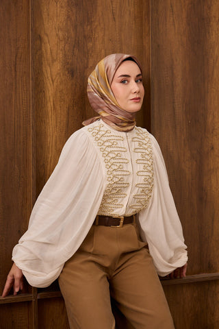 Twill İpek Eşarp Terra Waves Vizon - Twill İpek Eşarp - | Silk Home