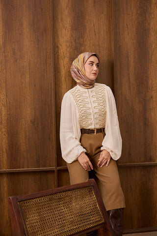 Twill İpek Eşarp Terra Waves Vizon - Twill İpek Eşarp - | Silk Home