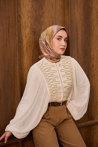 Twill İpek Eşarp Terra Waves Vizon - Twill İpek Eşarp - | Silk Home