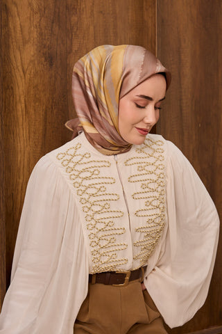 Twill İpek Eşarp Terra Waves Vizon - Twill İpek Eşarp - | Silk Home