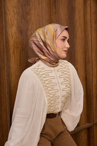 Twill İpek Eşarp Terra Waves Vizon - Twill İpek Eşarp - | Silk Home