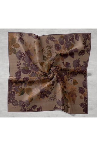 Twill İpek Eşarp Vizon-Mor Çiçek Desenli Tok Duruşlu Kaymaz 90X90