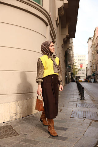 Twill İpek Eşarp Vizon-Açı Kahve Çiçek Desenli Tok Duruşlu Kaymaz 90X90
